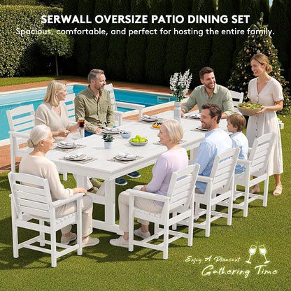 SERWALL 10 Piece 84" HDPE Outdoor Dining Set for 8 with 15ft Double-Sided Umbrella, White