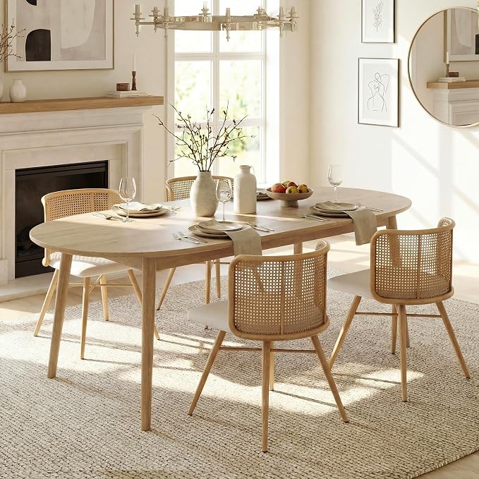 TYBOATLE Swivel Rattan Dining Chairs Set of 4 (Cream White) | Farmhouse, Boho, Rattan Woven Back, Faux Leather Seat, Metal Legs, Upholstered, Kitchen, Dining Room