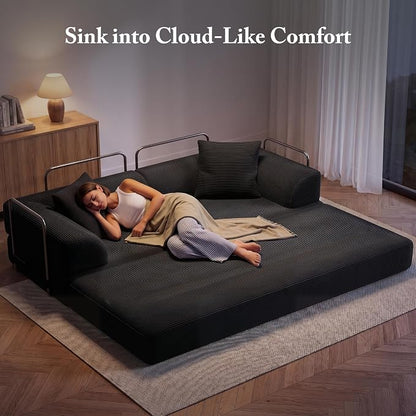 Cloud Boneless Convertible Sofa Bed, 5-in-1 Foldable Compressed High-Density Sponge Sofa, 70" Corduroy Fabric 2 Seater Sleeper Couch Futon Daybed for Living Room Bedroom (Black)