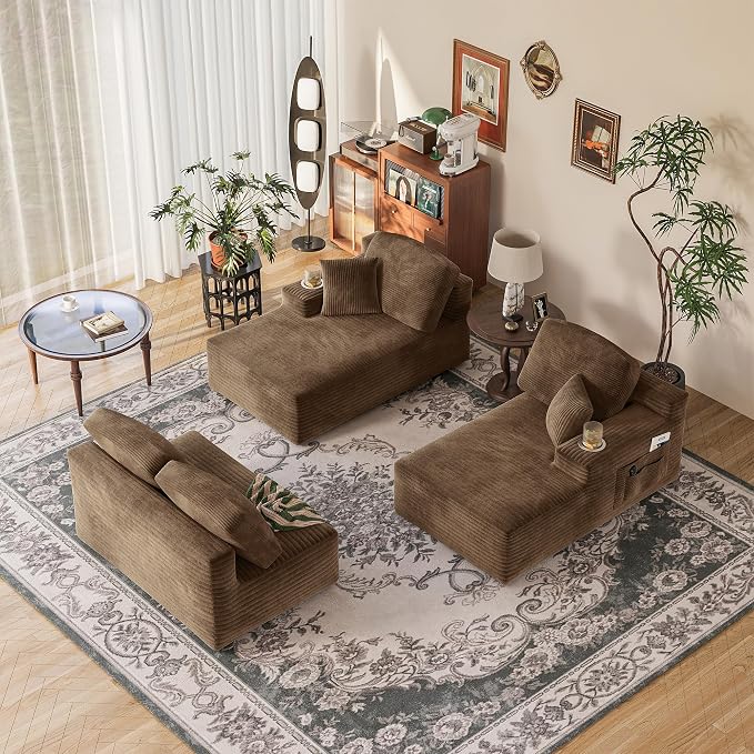 Homall 142" Boneless Couch, Modular Sectional Sofa, No Assembly Required, Memory Foam Filling, Corduroy U-Shaped Sofa, Movable Multi-Person Couch for Living Room (Brown)