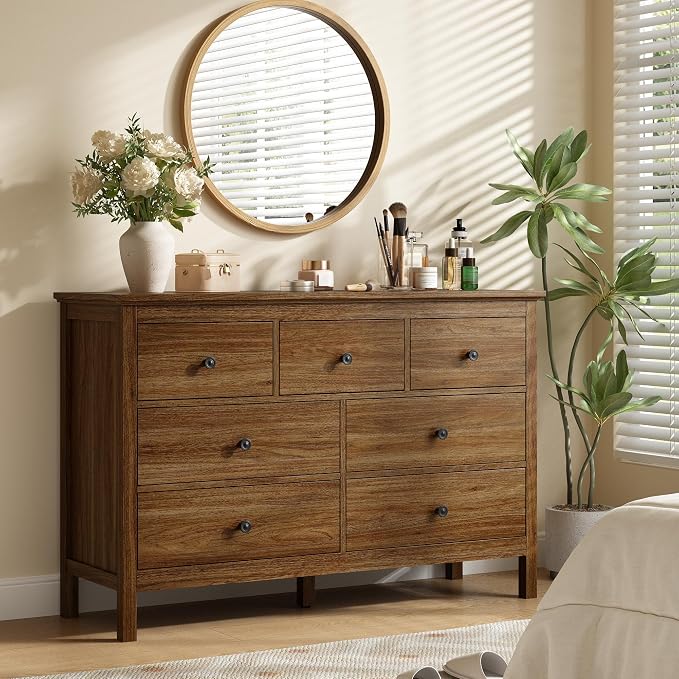 CARPETNAL Oak Dresser for Bedroom, 7 Drawer Dresser with Wide Drawers and Metal Handles, Wood Dressers & Chests of Drawers for Hallyway, Entryway