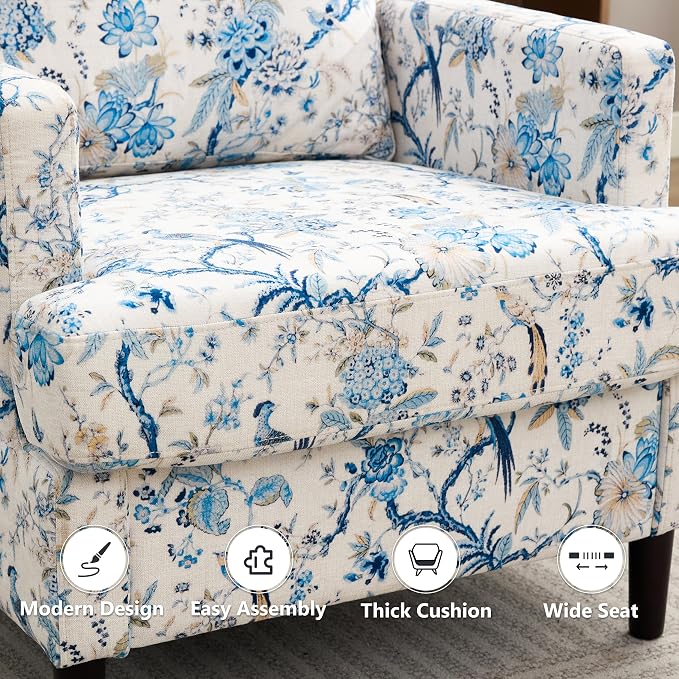 Weture Mid-Century Accent Chair,Modern Linen Fabric Armchair for Living Room,Comfy Upholstered Reading Accent Chairs for Bedroom,Single Sofa Chair with Wood Legs (Blue Flowered Bird, 1 Pack)