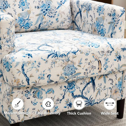 Weture Mid-Century Accent Chair,Modern Linen Fabric Armchair for Living Room,Comfy Upholstered Reading Accent Chairs for Bedroom,Single Sofa Chair with Wood Legs (Blue Flowered Bird, 1 Pack)