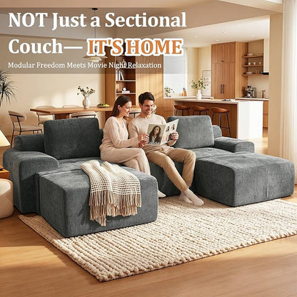 122" U Shaped Boneless Couch, Comfort Cloud Sectional Couches for Living Room, Modular Sofa High Back & Extra Deep Seat, No Assembly, Soft Chenille Fabric (Dark Grey, 122 inch-（3+0）)