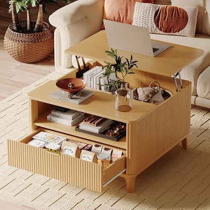 31.5" Square Fluted Lift Top Coffee Table for Living Room, Fluted Lift Top Coffee Tables with Hidden Storage, Modern Center Table,Giratree Stand Up Coffee Table for Home Living Room Office