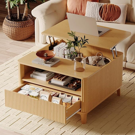 31.5" Square Fluted Lift Top Coffee Table for Living Room, Fluted Lift Top Coffee Tables with Hidden Storage, Modern Center Table,Giratree Stand Up Coffee Table for Home Living Room Office