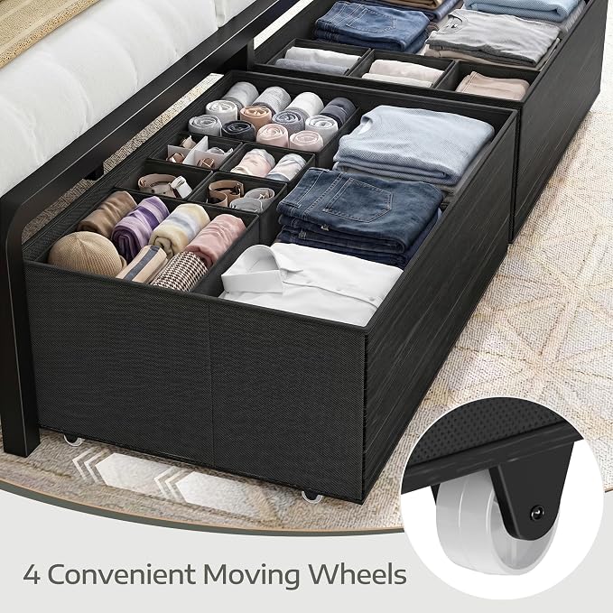 Homkdom King Size Bed Frame with 9 Fabric Drawers Storage, Charging Station & LED Lights, Metal Platform Bed Frame with Headboard,Noise-Free and Easy Assembly,Black