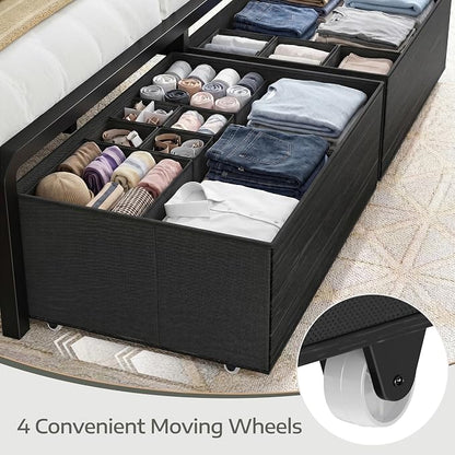 Homkdom King Size Bed Frame with 9 Fabric Drawers Storage, Charging Station & LED Lights, Metal Platform Bed Frame with Headboard,Noise-Free and Easy Assembly,Black