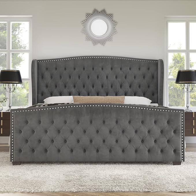 AMERLIFE King Size Platform Bed Frame, Velvet Upholstered Bed with Deep Button Tufted & Nailhead Trim Wingback Headboard/No Box Spring Needed/Grey