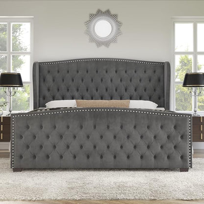 AMERLIFE King Size Platform Bed Frame, Velvet Upholstered Bed with Deep Button Tufted & Nailhead Trim Wingback Headboard/No Box Spring Needed/Grey
