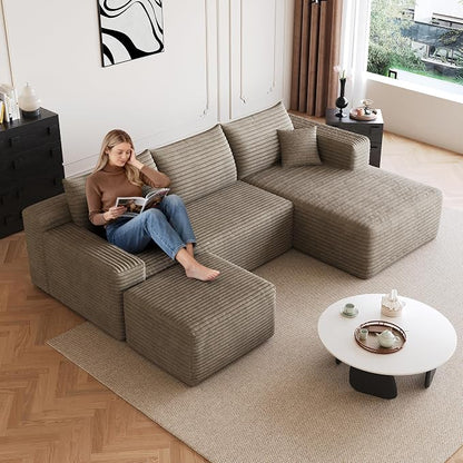95" Cloud Boneless Sectional Sofa Couch with Chaise Lounge and Ottoman, Modern Corduroy Right Facing Modular Sectional Sofa Compressed Corner Couch with Deep Seat, No Assembly Required