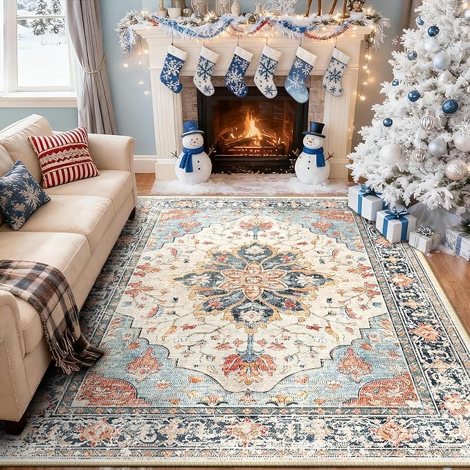RELEANY Area Rugs 5'x8' Washable Non-Slip, Floral Vintage Distress Medallion Carpet for Living Room Bedroom Dining Room, Beige Navy Blue Orange Colorful