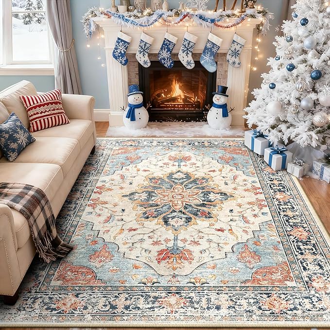 RELEANY Area Rugs 7'x9' Washable Non-Slip, Floral Vintage Distress Medallion Carpet for Living Room Bedroom Dining Room, Beige Navy Blue Orange Colorful