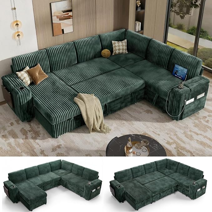 Vipbear 111" Modular Sectional Sleeper Sofa with Pull Out Bed, 7 Seat Plush Corduroy L Shaped Couch with Storage Chaise|USB Ports|Cup Holders|Side Table|Storage Armrests, Tool Free Assembly, Green