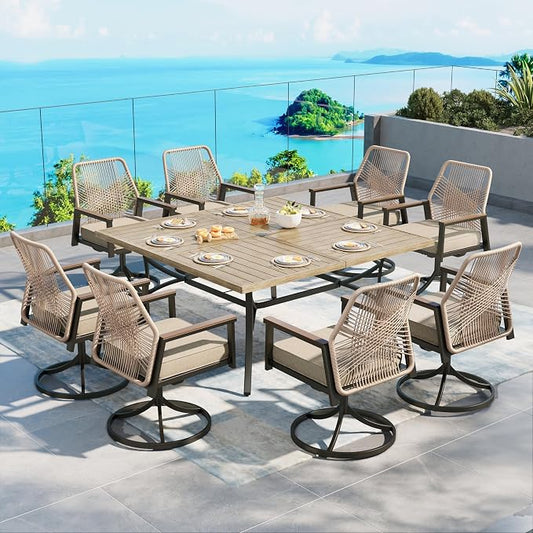 Patio Dining Set 9 Piece, 8 x Woven Rattan Swivel Chairs with Waterproof Cushion, 57.5" Square Wood-Like Metal Table with Umbrella Hole, Outdoor Table and Chairs Set for Backyard Lawn and Deck, Beige