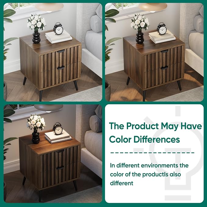 Smuxee Walnut Wooden Night Stand Set of 2, Mid Century Nightstand with 2 Fluted Drawers, Bedside Table with Open Shelf, Modern End Side Table for Bedroom
