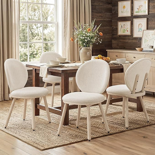 LUE BONA Dining Chairs Set of 4, Upholstered Fabric Kitchen Chairs with Dual-Spine Backrest, Kitchen Chair with Solid Wood Legs and Ergonomic Curved Seat, Easy Assembly for Kitchen Dining Room, Linen