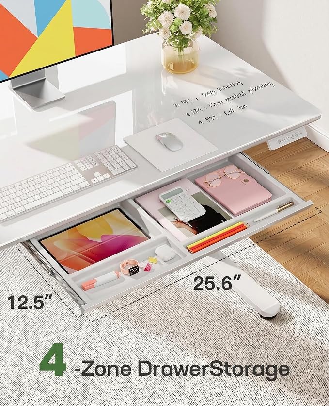 Marsail Glass Standing Desk with Drawer, 55 x 28 Inches Adjustable Desk, Home Office Desks with One-Piece Tempered Glass Top, Ergonomic Home Office Sit Stand Desk with 4 Preset Heights, White