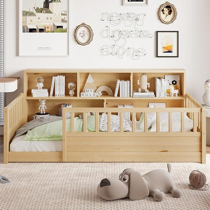 Bellemave Twin Size Montessori Floor Bed with Bookcase, Twin Floor Bed with High Fence and Storage Shelves, Easy Assemble Montessori Beds Frame for Girls, Boys, Natural