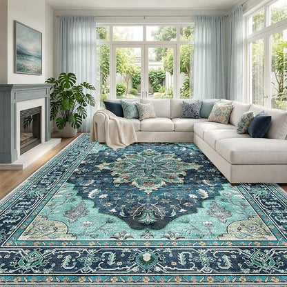 RELEANY Area Rugs Large 10'x14' Washable Non-Slip, Floral Vintage Distress Medallion Carpet for Living Room Bedroom Dining Room, Teal Green Lake Blue Turquoise