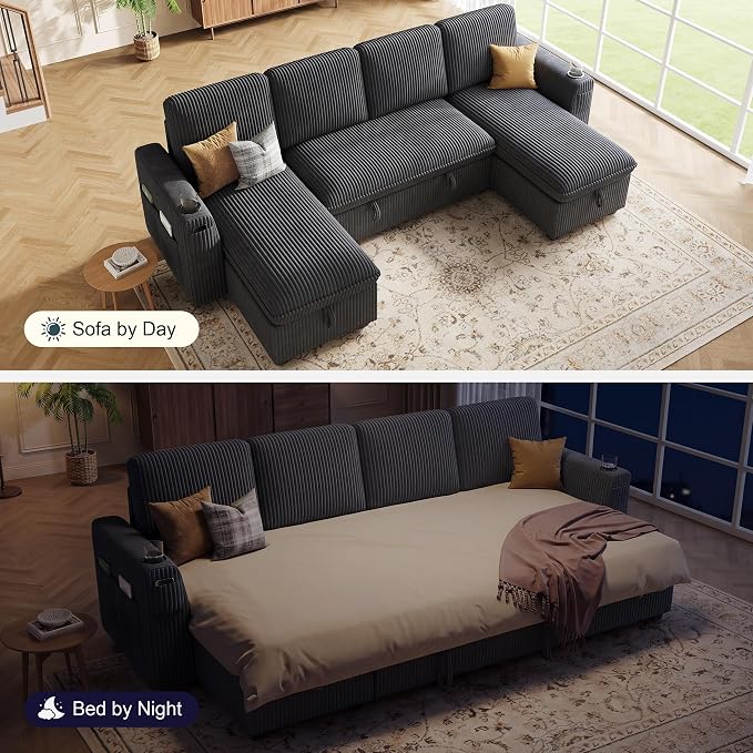 Sectional Sleeper Sofa with Pull Out Bed, Plush Corduroy Sectional Sofa with Double Storage Chaise and Adjustable Backrest, Cloud Sectional Couches for Living Room, Apartment, Dark Grey