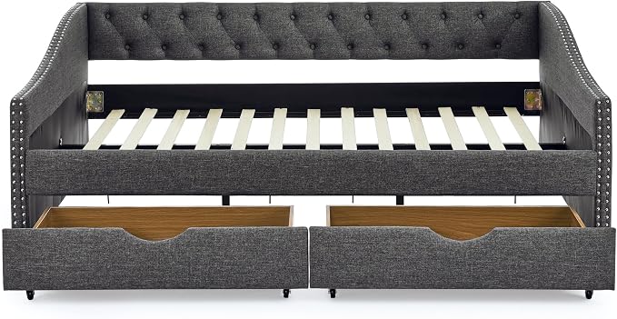 KEIKI Full Size Upholstery Daybed with 2 Drawers and Headboard, Mid-Century Style Tufted Sofa Bed with Button on Back, Easy Assembly, No Box Spring Required, for Living Room and Bedroom, Dark Grey