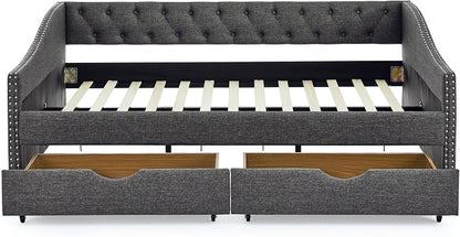 KEIKI Full Size Upholstery Daybed with 2 Drawers and Headboard, Mid-Century Style Tufted Sofa Bed with Button on Back, Easy Assembly, No Box Spring Required, for Living Room and Bedroom, Dark Grey