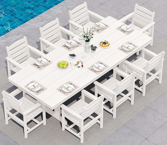 SERWALL 9 Piece 84" HDPE Outdoor Dining Set for 8 with Armchairs and Umbrella Hole, White