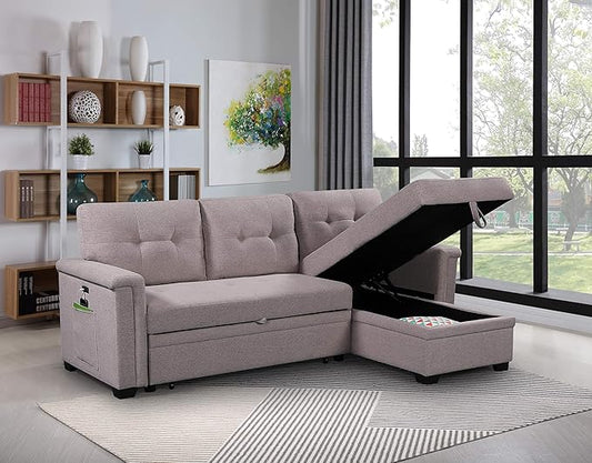 Lilola Home Convertible Sleeper Sofa Bed 84 Inch, L Shaped Sectional Couch with Pull Out Bed, USB Charging Ports, Storage Chaise for Living Room, Office, Linen Fabric, Light Gray