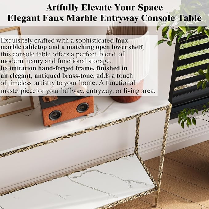 Antique Console Table with Faux Marble Wood Top, 47" Narrow Entryway Table with 2-Tier Open Storage Shelves, Modern Slim Sofa Table with Antique Brass Finish for Hallway, Living Room