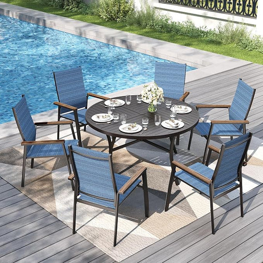 PHI VILLA Patio Dining Set for 6 Person, Patio Table and Chairs for 6, Lightweight Stackable Chairs with Breathable Fabric and Elongated Metal Table for Garden Yard Deck, Blue