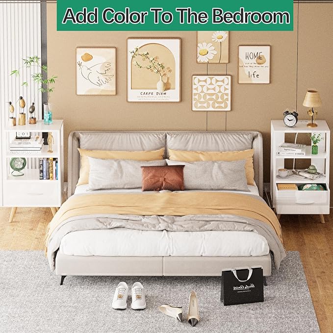 Aenuert Night Stand with Charging Station, White Nightstand with Drawer, 3-Tier Wooden Bedside Table with USB Ports and Outlets, End Table for Small Space, Living Room, Bedroom
