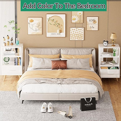 Aenuert Night Stand with Charging Station, White Nightstand with Drawer, 3-Tier Wooden Bedside Table with USB Ports and Outlets, End Table for Small Space, Living Room, Bedroom