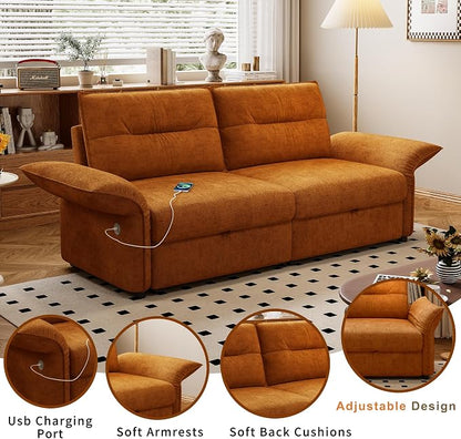 85" Pull Out Sofa Bed Full Size, Pre-Assembled Flannel Sleeper Sofa, Convertible Loveseat Futon Couch, Adjustable Armrest with USB, Pillows, for Apartment, Living Room, Small Spaces, Orange