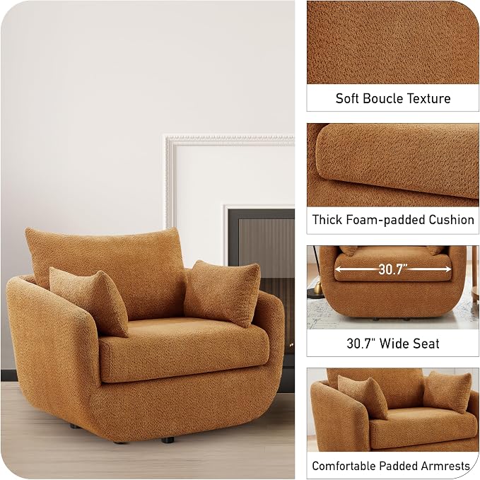 360° Swivel Accent Armchair Set of 2, 39.3" Oversized, Sherpa Boucle Fabric Sofa Chair with Removable Back & Arm Pillows, Swivel Chairs with Cozy Soft Padded, Curry