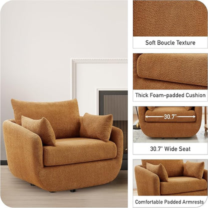 360° Swivel Accent Armchair, 39.3" Oversized, Sherpa Boucle Fabric Sofa Chair with Removable Back & Arm Pillows, Swivel Chair with Cozy Soft Padded (1, Curry)