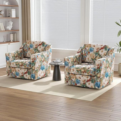 Swivel Accent Chairs Set of 2, 360° Swivel Upholstered Club Armchairs for Living Room, Comfy Fabric Single Sofa Reading Chair with Deep Seat, Metal Swivel Base, Orange Blooms