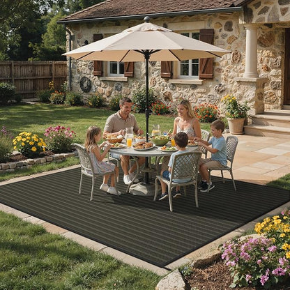 GENIMO Outdoor Rug for Patio Clearance, 10'x14' Reversible Plastic Straw Rugs, Lightweight Waterproof RV Camping Mat for Camper, Balcony, Deck, Backyard, Picnic, Black & Brown