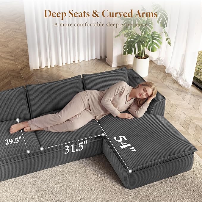 Vesgantti 141.7" Oversized Sectional Boneless Sofa with Chaise, 7 Seat Corduroy Modular Couch with Ottoman, Convertible Deep Seat Cloud Sofa for Living Room, No Assembly Required, Dark Gray