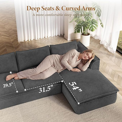 Vesgantti 141.7" U Shaped Boneless Sectional Couch, Modern 6 Seater Modular Sofa with Chaise & Ottoman, Deep Seat Corduroy Cloud Couches for Living Room, No Assembly Required, Dark Gray