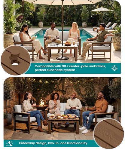 SERWALL 3 Pieces HDPE Outdoor Sofa Bistro Set with Cushion, Patio Outdoor Furniture Sofa Sets with Porch Chairs and Coffee Table, Brown Frame/Khaki Cushion