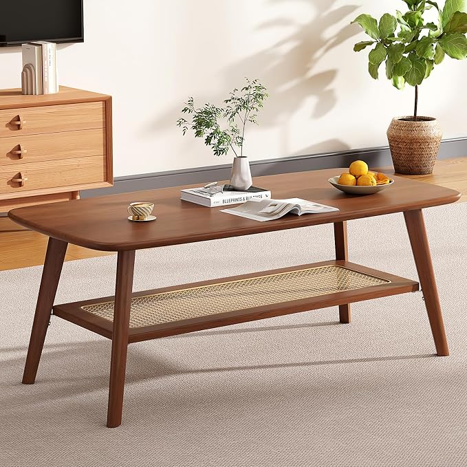 Coffee Table Small Solid Wood Center Table Mid Century Vintage Living Room Coffee Table, Walnut Rattan 47.24 Inch
