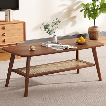 Coffee Table Small Solid Wood Center Table Mid Century Vintage Living Room Coffee Table, Walnut Rattan 47.24 Inch