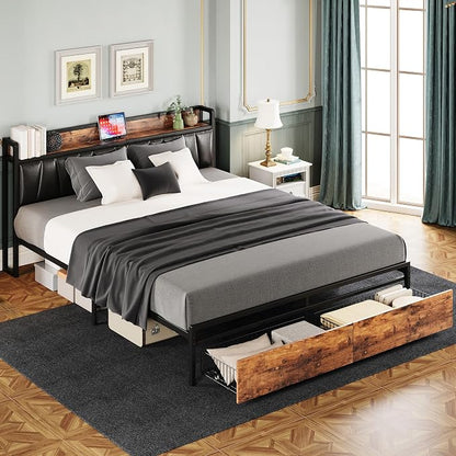 LIKIMIO California King Size Bed Frame with 2 Drawers and Charging Station | Platform Bed with Upholstered Storage Headboard, No Box Spring Needed, Easy Assembly, Sturdy, Vintage Brown and Black