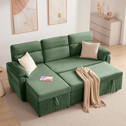 Tbfit 80'' Sleeper Sofa Bed, 3 in 1 Cloud Pull Out Sofa Couch with USB & Storage Chaise, Chenille Convertible Sofa Bed with Pull Out Bed, Couches for Living Room, Apartment, Office, Green