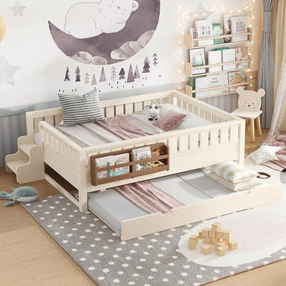Bellemave Full Kids Montessori Bed with Stairs, Bookshelf and Trundle, Solid Wood Kids Bed Frame with Storage for Boys Girls, Low Profile,Beige