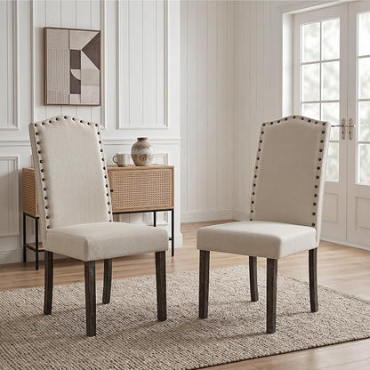 LSSBOUGHT Dining Chairs Set of 2, Upholstered Parsons Dining Room Chairs Fabric Kitchen Chairs with Solid Wood Frame and Nailhead Trim(Beige, 2PCS)