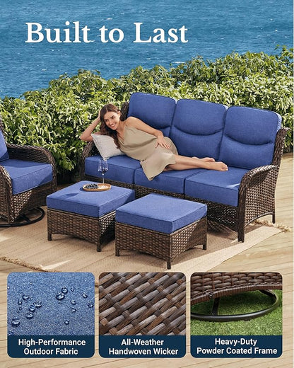 HILLGA Luxury Outdoor Furniture High Back Patio Sofa, Oversized 3-Seater Couch with 6'' Thick Cushions, Ideal for Porch, Poolside, Deck, and Yard(Blue)