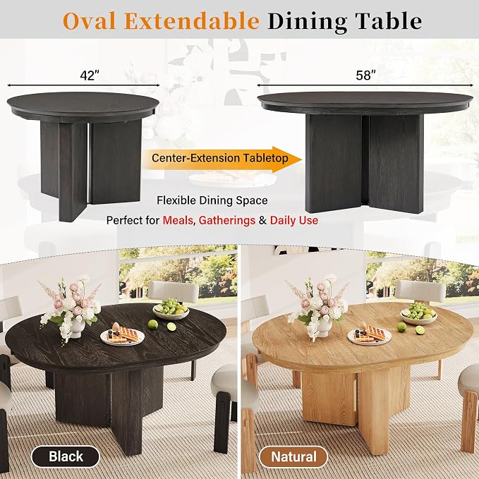 LUMISOL Round Dining Table for 4-6 People, Farmhouse Kitchen Table with Pedestal Base and Adjustable Foot Pads, Oval Extendable Dining Table for Dining Room, Kitchen, Small Space, Espresso