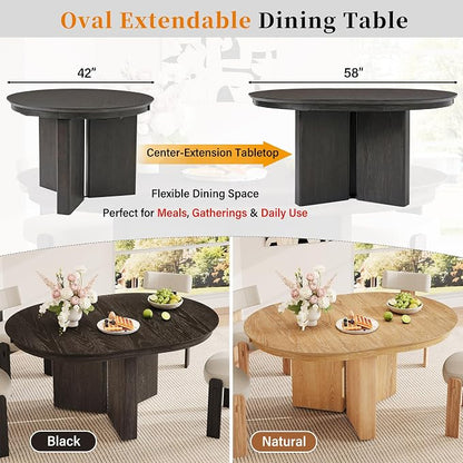 LUMISOL Round Dining Table for 4-6 People, Farmhouse Kitchen Table with Pedestal Base and Adjustable Foot Pads, Oval Extendable Dining Table for Dining Room, Kitchen, Small Space, Espresso